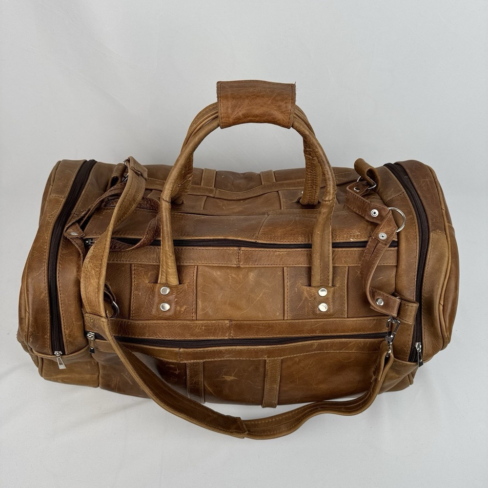 Vtg Tan Leather Duffle Bag Travel Weekender Gym Luggage Side Grab Handles 22" - Picture 3 of 13